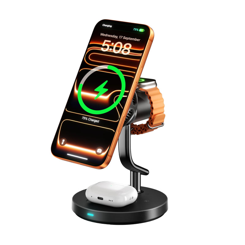 4 in 1 Wireless Charging Station,Qi2.2 Mag-Safe Charger with Cooling Fan | Mag-Safe Wireless Charger Stand with TEC Active Cooling and Night Light, for iPhone17/16/15/14/13/12, Apple Watch/AirPods Black
