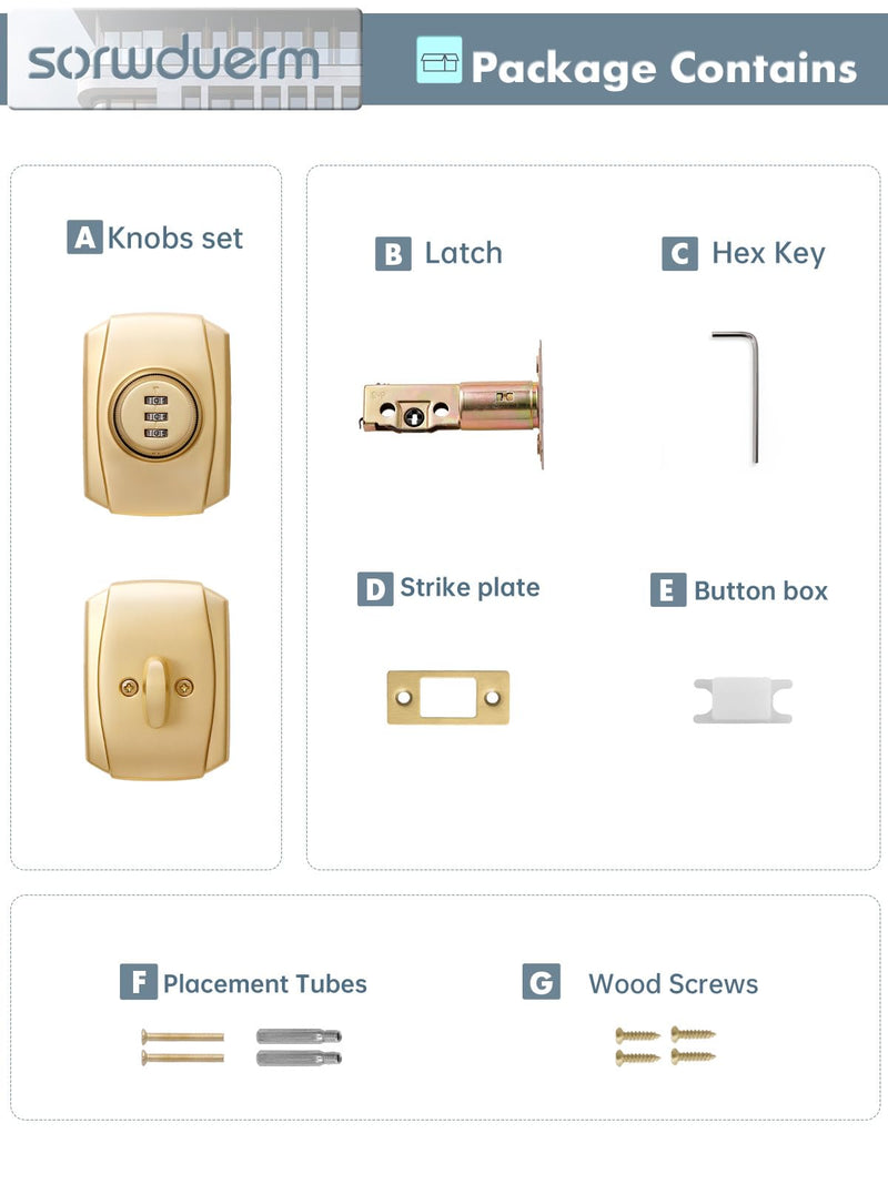 1 Pack Gold Password Single Brushed Satin Brass Cylinder Deadbolt Lock Keyless Passcode Handleset Front Entry Interior Exterior Door Deadbolts Deadbolt-Password