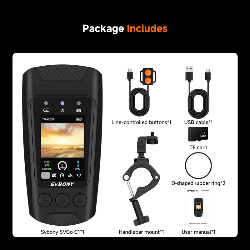 SVBONY SVGo C1 Cycling Camera 4K 30FPS, 20MP WiFi Bicycle Camera Video Recorder, Built-in GPS, EIS Stabilization, LED Light, Electric Horn, for Road Cycling, Vologging(with 64G TF Card)