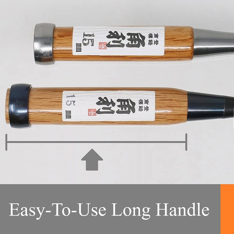 KAKURI Japanese Wood Chisel Set [Long Handle] 3 Piece for Woodworking, Made in JAPAN, Japanese Oire Nomi for Carve, Mortise, Dovetail, Sharp Japanese Carbon Steel, Red Oak Wood Handle Evergreen Oak