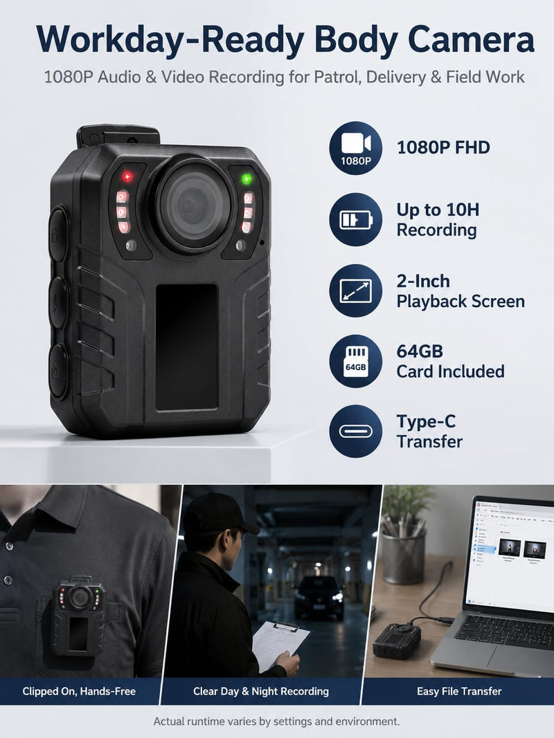 SPIKECAM 10 Hours Body Cameras with Audio and Video Recording, Real 1080P Body Cam for Security Guards, 2-Inch Screen Bodycam with Clear IR Night Vision, USB-C, 360° Clip 32G