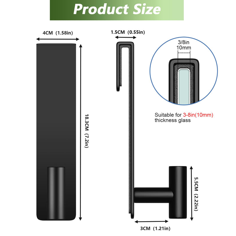 Shower Door Hooks, Heavy Duty Rack Hooks for Robe, Stainless Steel Towel Hooks for Bathroom, Fits Frameless Glass Shower Doors up to 3/8" (10mm) Thick (Black, 2 Pack) "T" Shape- 2 Pack Black