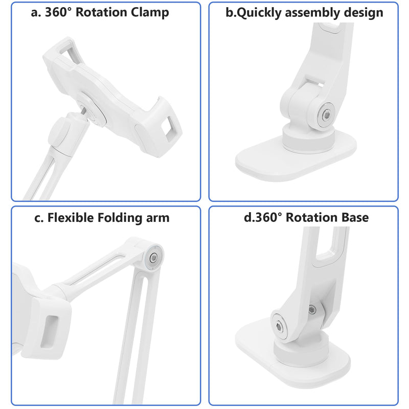 Tablet Wall Mount,iPad Wall Mount Holder Suit for 4.7-12.9Inch Tablets, Aluminum Alloy,360°Swivel Base,Flexible Angle Adjustable, Tablet Mount (White) White