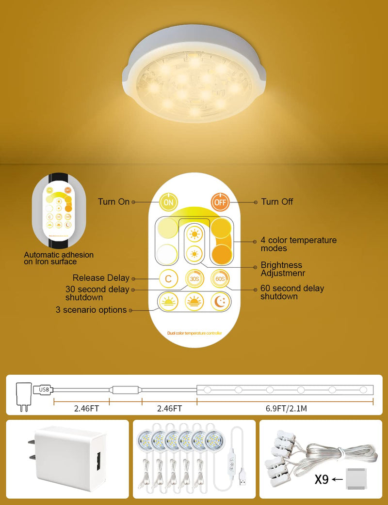 Daymeet Under Cabinet Lights for Kitchen, Dimmable LED Puck Lights Kit LED Closet Light, Plug in Under Counter Light USB Indoor Night for Shelf, Bedroom Remote Control