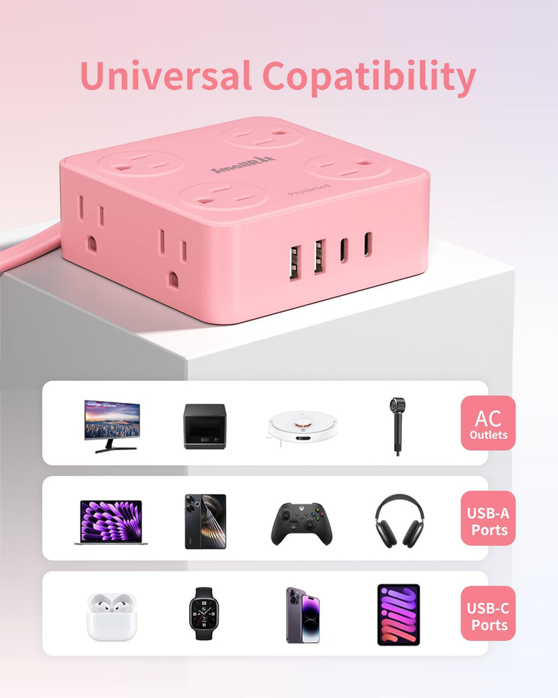Extension Cord with Multiple Outlets, SMALLRT Power Strips, 6.5FT Flat Plug Power Strip with USB Ports, 8 Outlets, Outlet Extender Outlet for Home Office, Pink 6.5 Ft
