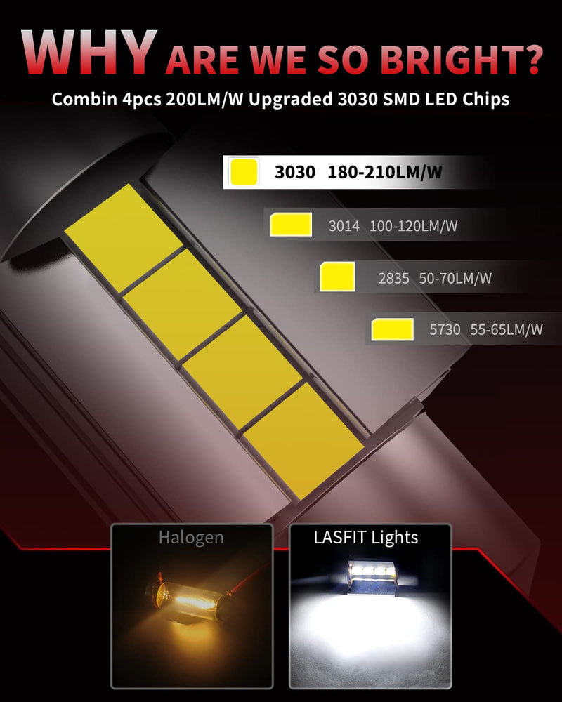 LASFIT Bright 31mm LED Festoon 30MM DE3175 DE3021 6428 DE3022 DE3023 Bulb Canbus Error Free 400LM 6000K Extremely Bright Use for Dome Map Door Interior Door Trunk Glove Box Lights, Xenon White (2pcs) 1 pair 31mm