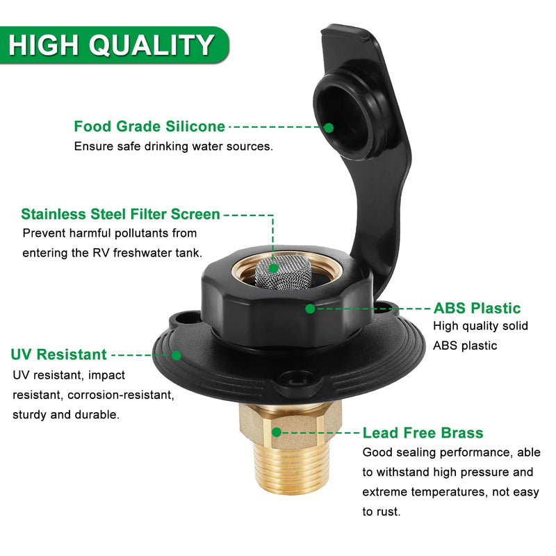 RV City Water Inlet Connection with Brass Threaded Check Valve and Dustproof Cover Leak-Proof Inlet Hose Adapter for Fresh Water Fill Compatible with Camper Trailer Motorhome Marine (Black S) Small-black