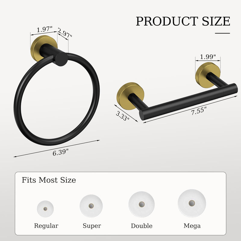 Black and Gold Toilet Paper Holder & Towel Holder, Bathroom Hardware Set-SUS304 Stainless Steel Double Post Pivoting Tissue Roll Holder and Hand Towel Ring Set for Bathroom, RV Black Gold