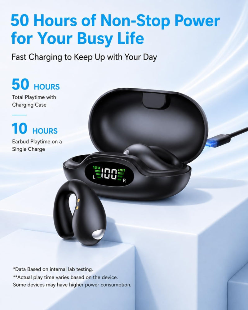 Boytond Ultra Open Ear Earbuds - Comfortable Clip-On Bone Conduction Earbuds, Over-The-Ear Open Headphones with Waterproof Build for Running, Gym Workouts, and Outdoor Sports, Obsidian Black