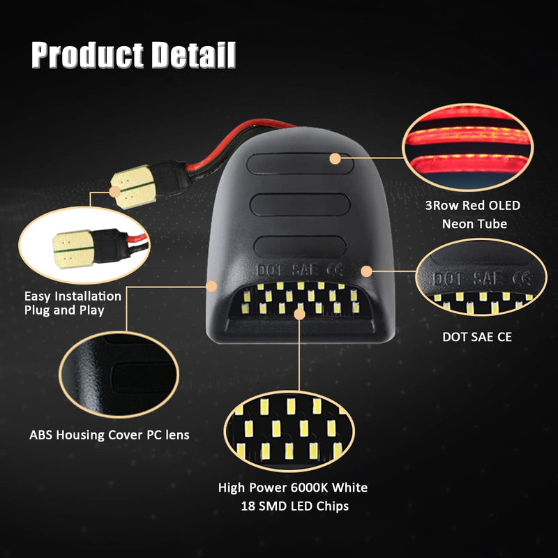 Bestview LED License Plate Light Tag Lamp Assembly - Tag Lights Led with Red OLED Neon Tube - Compatible with Chevy Silverado Suburban Tahoe GMC Sierra 1500 2500 3500 HD Escalade EXT, 2 Pieces Red&White LED