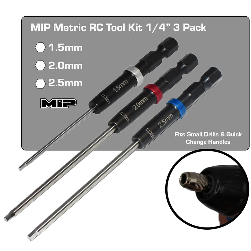 MIP RC Hex Bit Set and Tool Kit 9612 (1.5mm, 2.0mm, 2.5mm) – Hex Head Allen Wrench Drill Tools and Tool Bits for Screwdrivers, Electric Screwguns, and Power Drills For RC Cars - Made in USA 1.5mm / 2.0mm / 2.5mm - Hex Set