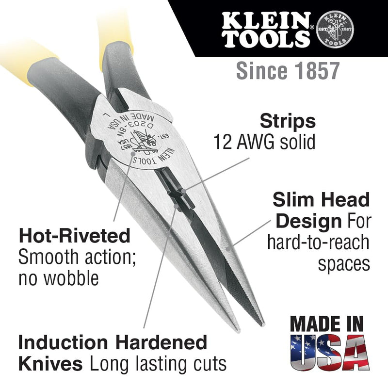 Klein Tools D203-8N Needle Nose Pliers and Wire Stripper, Long Nose Side Cutters with Wire Striping Hole, Heavy Duty Alligator Pliers, 8-Inch Side Cutting/Wire Stripping