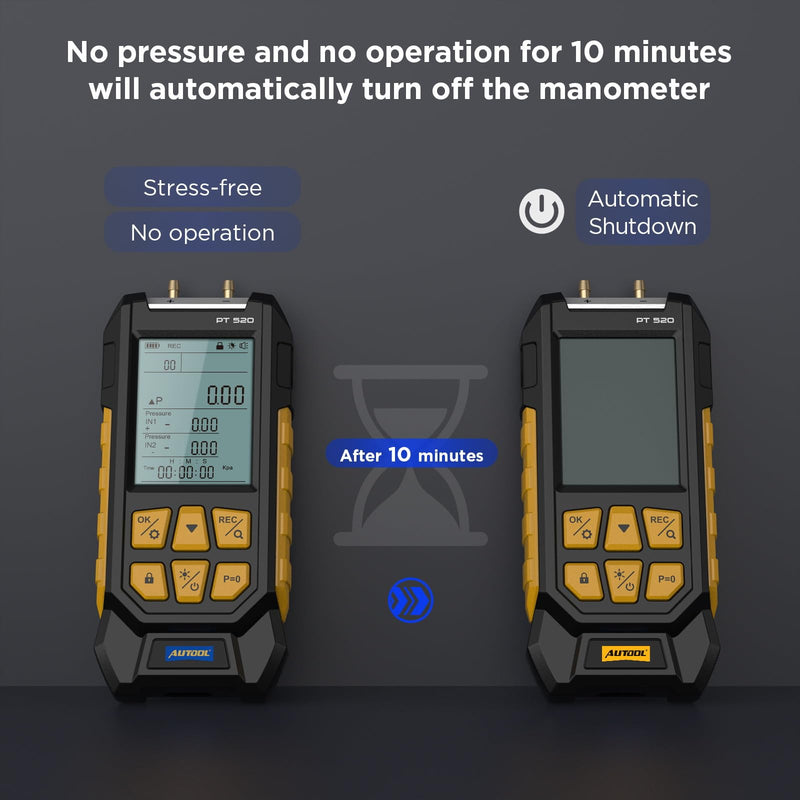 AUTOOL Manometer Gas Pressure Tester,Digital Manometer HVAC,10 Units Differential Dual Port Pressure Gauge -100 to 200Kpa,Data Zeroing with Backlight LCD Display PT520