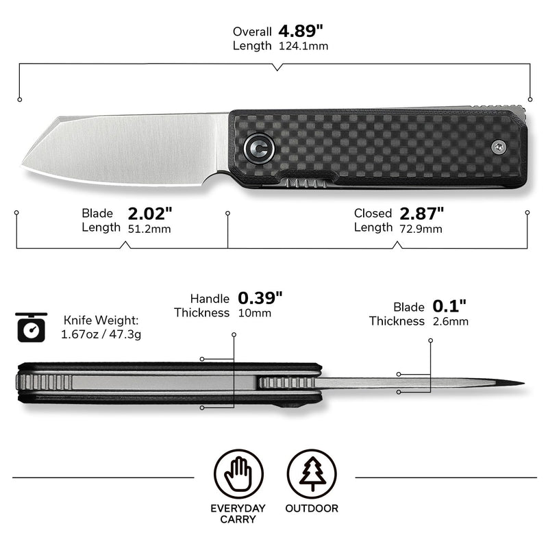 CIVIVI Kukei Mini Pocket Knife for EDC- 2.02" Nitro-V Blade, Carbon Fiber Overlay On G10 Handle, Liner Lock, Small EDC Folding Knife with Leather Sheath C25036-4 Black