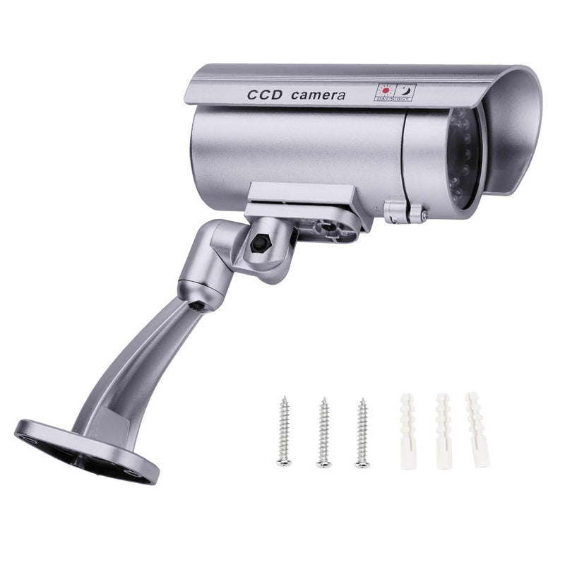 FITNATE Dummy Security Camera, 4 Packs Fake Surveillance Security CCTV Camera System with LED Red Flashing Light for Both Indoor & Outdoor Use + Security Camera Warning Stickers × 4 (Silver)
