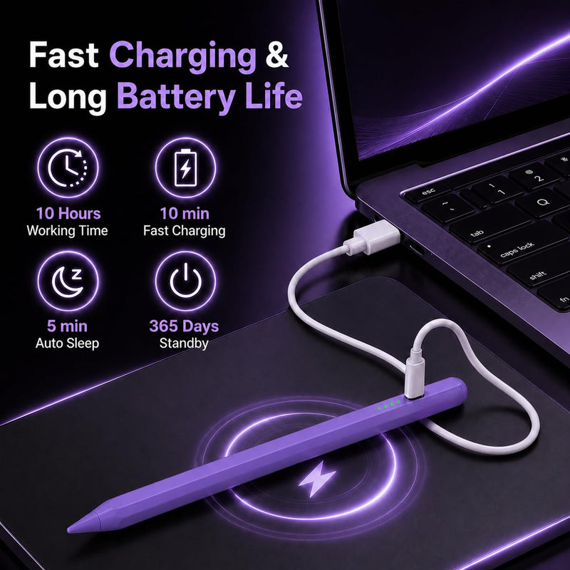 Stylus Pen for iPad(2018-2026)-10 Min Fast Charge,Auto Sleep,Tilt Sensitivity,Palm Rejection,Active Pencil for iPad 11/10/9/8/7/6th Gen,Pro 13"/12.9"/11",Air 6/5/4/3,Mini 7/6/5th (Purple) Purple