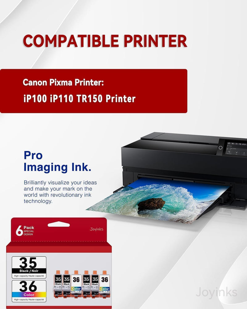 6-Pack PGI-35 CLI-36 Ink Replacement for Canon 35 36 Ink Cartridges | for Canon PIXMA TR150 TR160 IP110 IP100 TR152 Mini260 Mini320 Printers (4X Black, 2X Tri-Color)