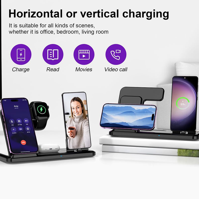 Wireless Charger for Dual iPhones, 4 in 1 Foldable Fast Charging Station for iPhone17/16/15/14/13/12 Pro Max Plus,for samsang Devices,Charging Stand for Apple Watch 11/10/9/8/2-7 AirPods Black