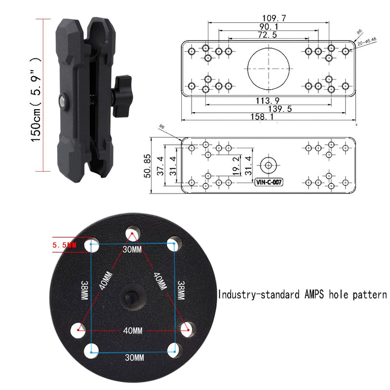 Aluminum Alloy Fish Finder Mount with C Size 1.5" / 38mm Ball, 5.9" Arm Marine Electronic Mount Compatible with Garmin,Humminbird, Lowrance and More