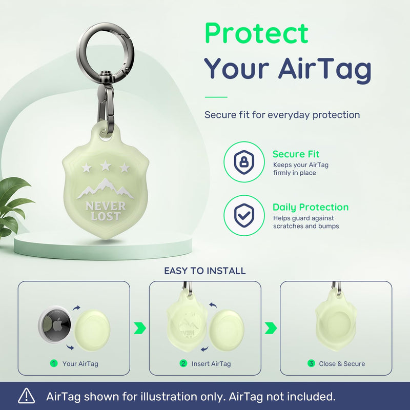 AirTag Holder Keychain, Waterproof AirTag Case with Swivel Key Ring | Compatible with Apple AirTag; stylish embossed silicone Air Tag holder keeps your AirTag secure on keys, bags and luggage Glow-in-the-Dark Green-M Mountain