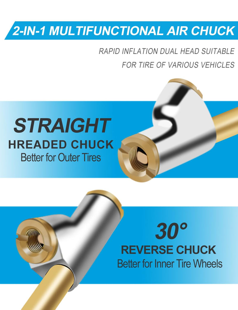 14.9" Extended Reach Dual Head Air Chuck 2 Pack, 2-Way Connection 1/4" FNPT Closed Air Chuck with Rubber Handle, Tire Chuck with Quick Plug Air Compressor Fill Kit (Gold)