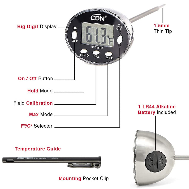 CDN Thin Tip Thermometer | ProAccurate®, 4.75" Stem, Digital, Hold, Max, Waterproof, NSF Certified, Ideal for Cooking, Brewing - DTQ450X Silver 1 EA