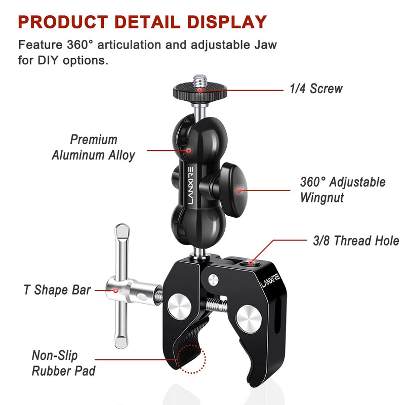 Super Clamp Camera Mount with Double Ball Head Magic Arm and 1/4" Screw - 360° Rotation - Fits for Camera, GoPro, Insta360, Action Camera, Monitor, Microphone - 1/4" and 3/8" Threaded Holes