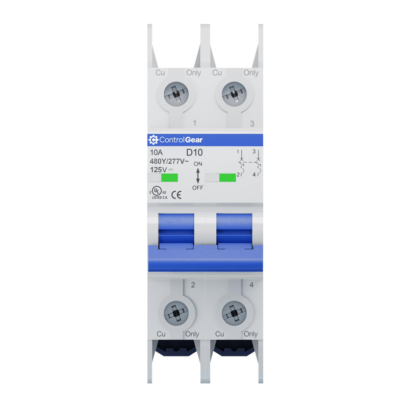 Mini Circuit Breaker UL489 Listed 10A D Curve 480Y/277VAC 125VDC 10kAIC DIN Rail Mount Non Polarized MCB Branch Circuit Protection, ControlGear CGMB2D10 (2 Pole D Trip 10 Amp) 2Pole "D"trip 10 Amps