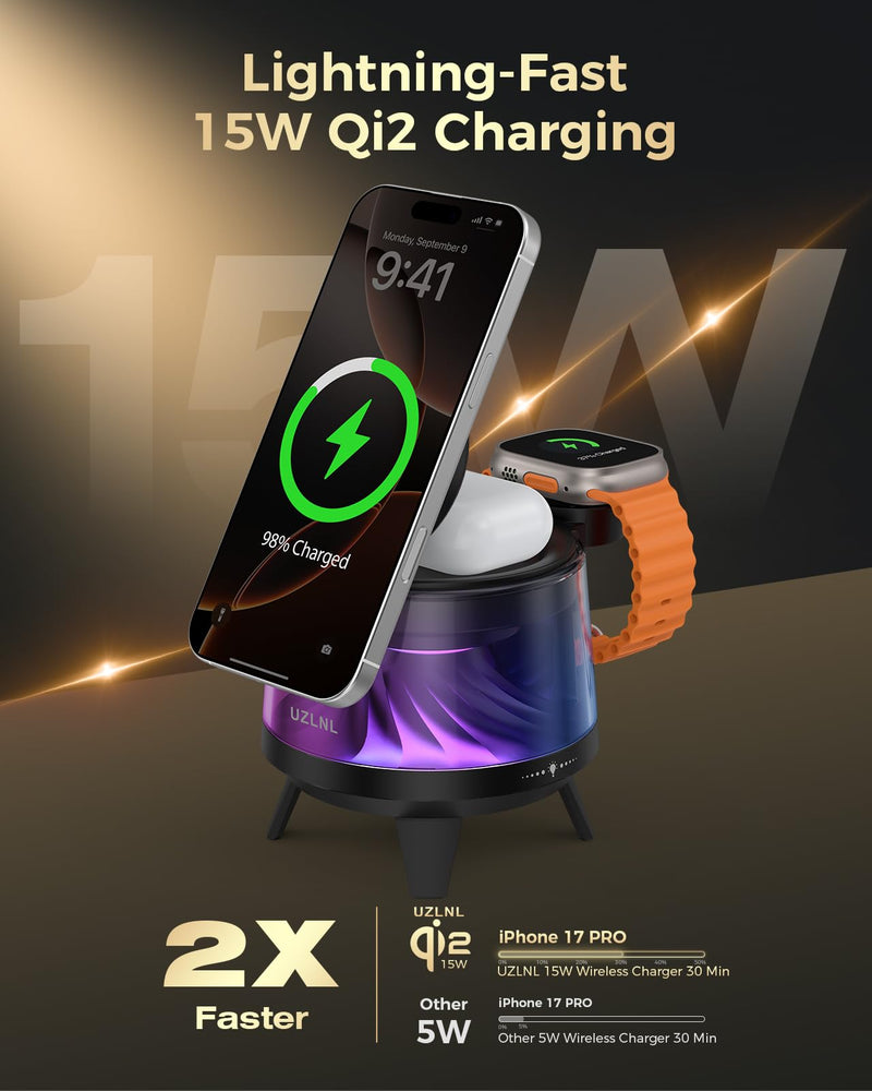3 in 1 Wireless Charging Station for Apple Devices,Mag-Safe Charger Stand,Magnetic Wireless Charger Station,RGB Ambient Light,for iPhone 17 Pro Max 16 15 14 13 12,AirPods & Apple Watch Series