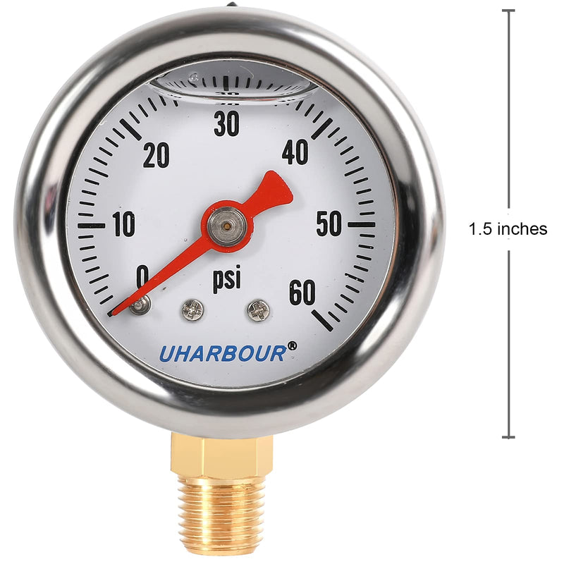 Glycerin Filled Pressure Gauge with 304 Stainless Steel Case, 1-1/2" Dial Size, 0-60Psi, High Accuracy, 1/8" NPT Center Lower Mount Lower Mount（Single scale）