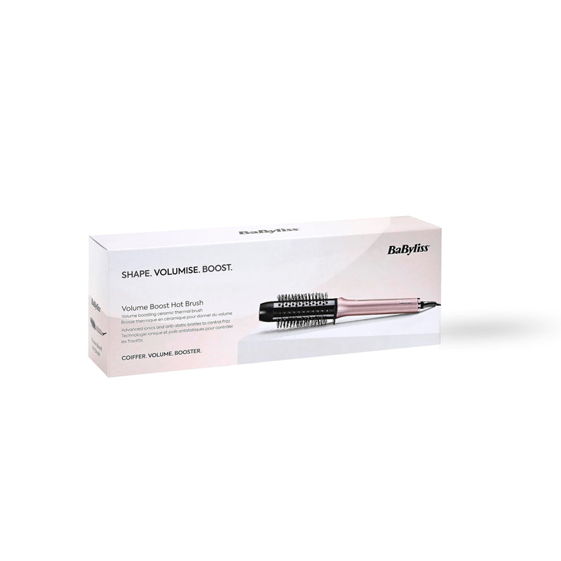 BaByliss Volume Boost Thermal Hot Brush - 38mm Barrel Heated Curling Brush, Ionic Frizz-Control, 4 Heat Settings, Multi-Voltage, Pink/Black, HSB200U Non-Rotating