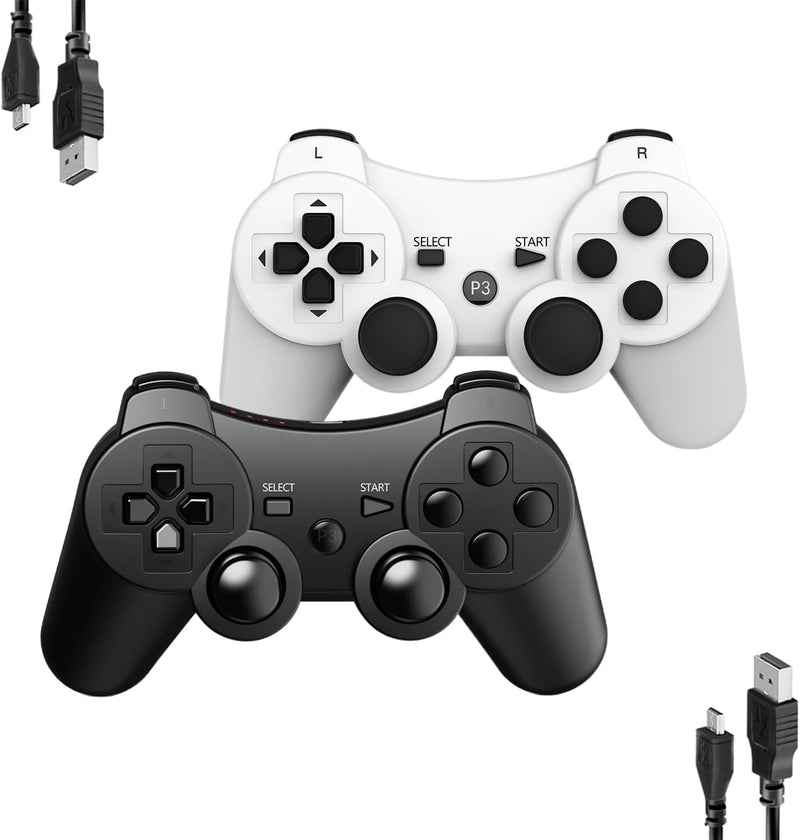 MOVONE wireless Controller for ps3 Rechargeable Game Wireless Controller 2Pack with2 Charging Cables, Compatible with Playstation3 White+black