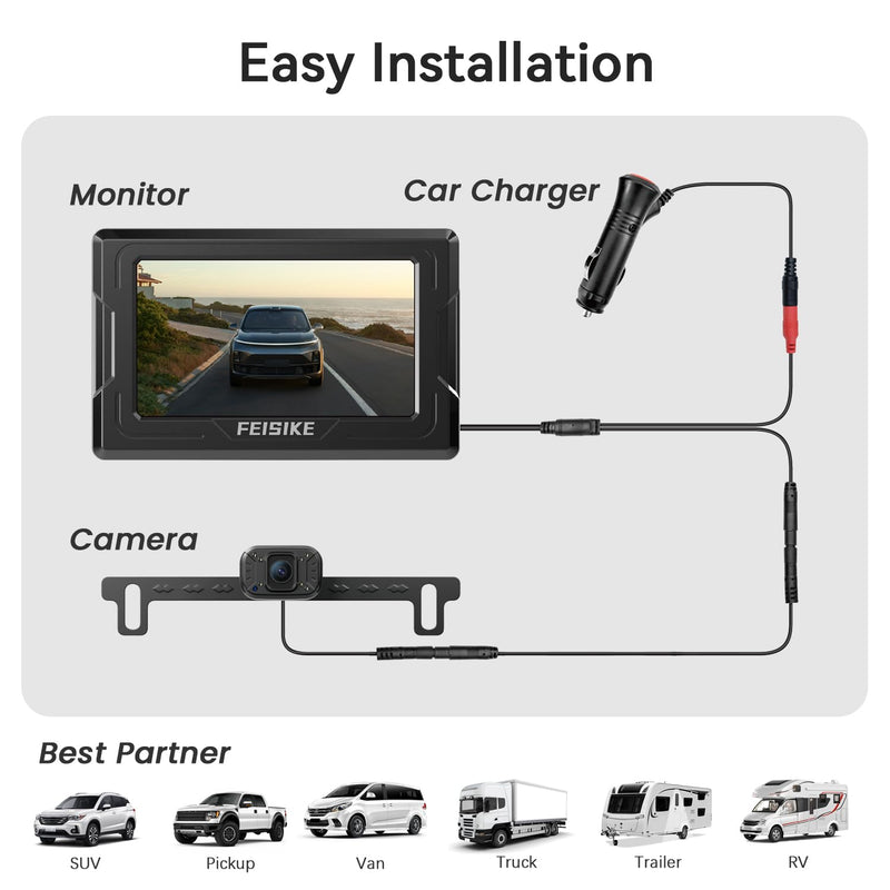 FEISIKE Backup Camera, 1080P IR Night Vision with Monitor, Easy Setup Plug-Play Rear View Camera, 150 Degrees Wide Angle, IP68 Waterproof, 4.3" Display for Car Truck SUV 4.3 inch