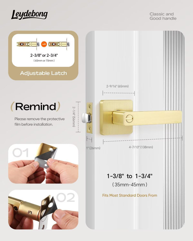 Leydebong 1 Pack Gold Door Knobs with Lock, Heavy Duty Interior Privacy Door Handle for Bed/Bathroom, Reversible Flat Levers with Square Rosette Privacy Lock (Keyless)Bedroom/bathroom