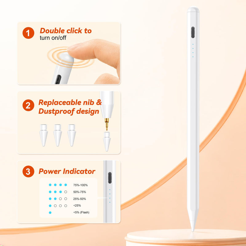 Stylus Pen for iPad 2018-2026 Gen, Fast Charge, Palm Rejection-White | Tilt Sensitivity, Compatible with Apple Pencil iPad 6-11, pro 13/12.9/11, Air 3/4/5/M2/M3/M4, Mini 5/6/7, for Painting, Note White
