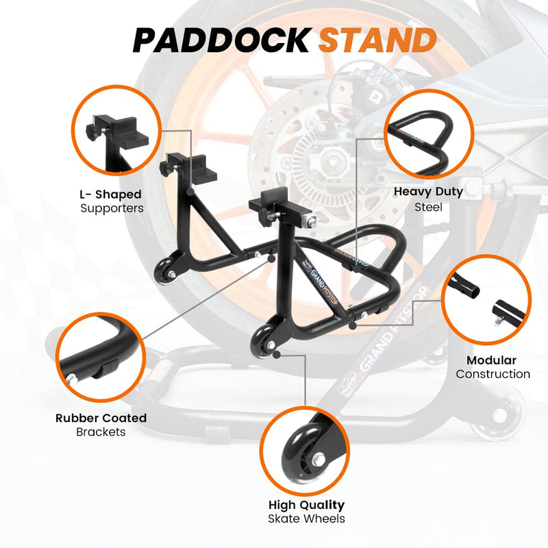 GRAND PITSTOP Motorcycle Stand, Paddock Lift Stand for Rear Wheel with Fork & Swingarm Spool,Weight capicity 529 lbs/240 Kg's, Dismantable Stand, for Honda Kawasaki Suzuki Motorcycles, Black