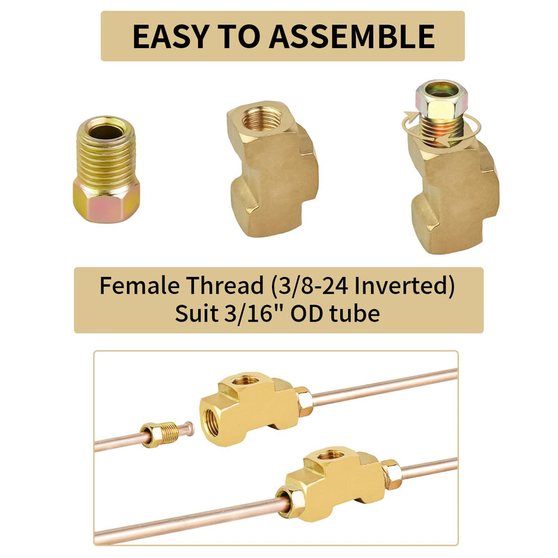 Mupera Upgraded 3/16 Brake Line Fitting - 2 PCS Universal Brass 3-Way Female Brake Line Tee For Inverted Flare Fittings, Brass Tee Fitting, All 3/8"-24 threads Ports 3Way-316X2