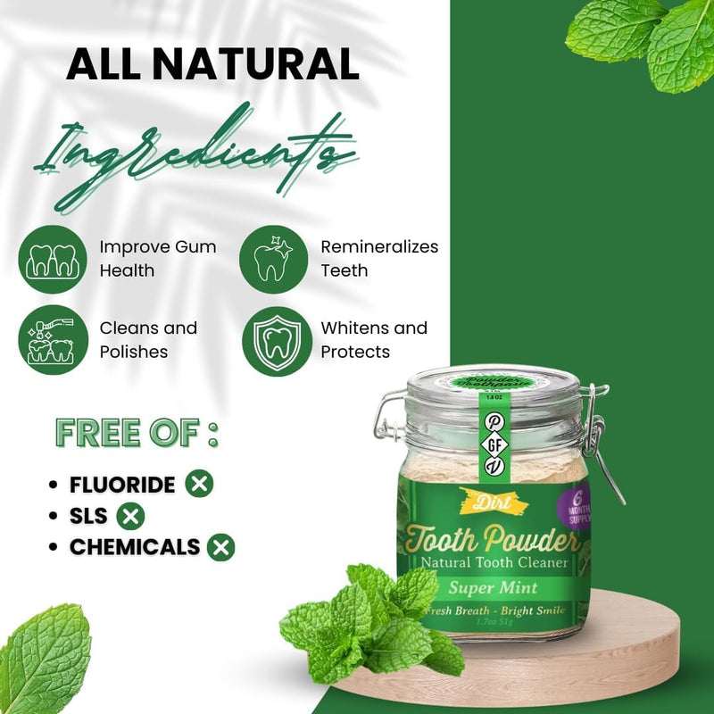 The Dirt - Remineralizing Tooth Powder, Natural Fluoride-Free Teeth Whitening Powder with Hydroxyapatite, Flouride & Gluten Free, Organic Vegan (Super Mint, 51g: 6 Month Supply) Super Mint 1.7 Ounce (Pack of 1)