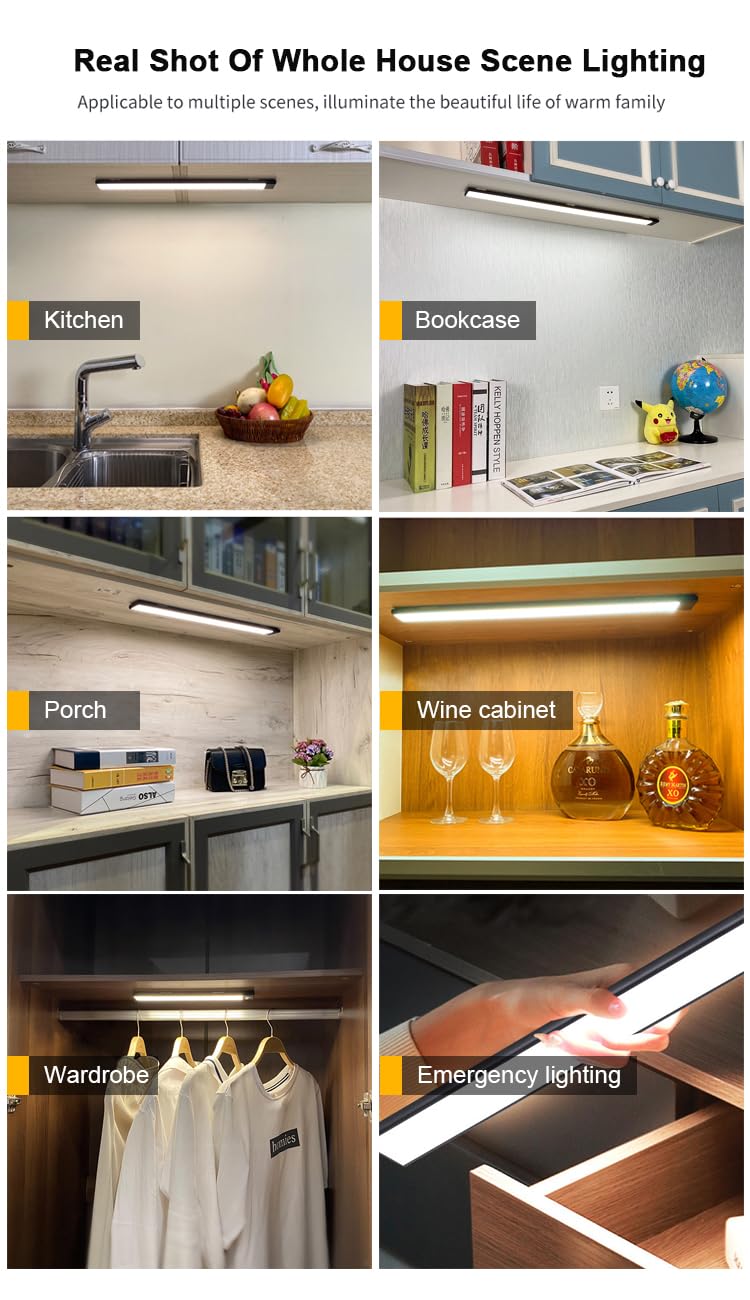 Under Cabinet Lights Wireless,Under Counter Motion Sensor Light Kitchen, 54 LED Rechargeable Night Lighting,3 Color Temperatures Black Closet Light for Bedroom,Wardrobe, Stairs,Cupboard(2 Pack) 12inch Black 54LEDs Sliver