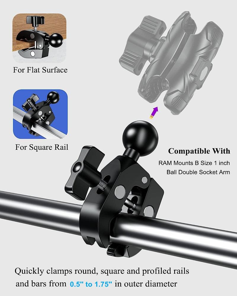 BRCOVAN Aluminum Alloy Handlebar Clamp Mount Base with 1'' TPU Ball for Rails 0.5'' to 1.75'' in Diameter, Compatible with RAM Mounts B Size Double Socket Arm & Bike Motorcycle Phone Mount Holder