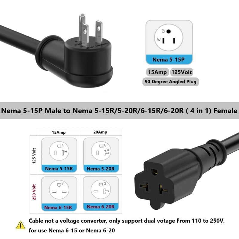 10Ft 12AWG Heavy Duty Right-Angle 15 Amp Household Plug to 20-Amp Extension-Cord, Nema 5-15P to 5-15R,5-20R,6-15R,6-20R T Blade 20Amp to 15Amp 90-Degree Extension Cable,125V 15A to 20A AC Power Cord
