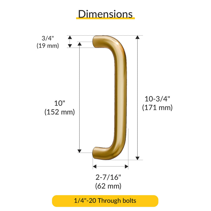 BRIXWELL Solid Pull Handle Aluminum Material, Polished Brass Finish, 2-7/16" Projection, 10-3/4" Length, 10" Center to Center, Includes 1/4"-20 Bolts and Washers 10-3/4"