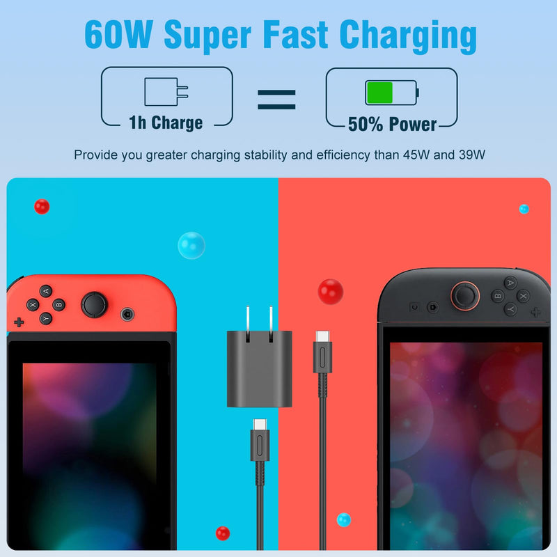 60W Charger for Nintendo Switch 2, 20V 3A AC Adapter with 5ft Cable | Fast Charging Compatible with Switch/OLED/Lite/Steam Deck, Support 4K TV Mode, Foldable Plug,Original Quality