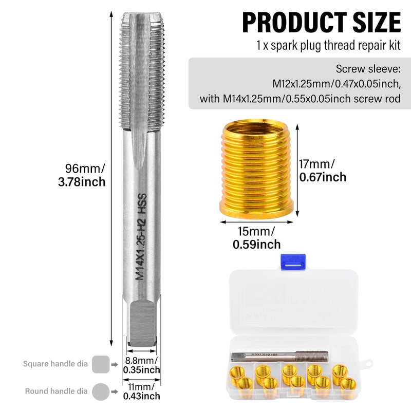 Spark Plug Thread Repair Kit, High Speed Steel Tap Spark Plug with M14x1.25 Inserts and M16x1.25 Tap Kit, Spark Plug Thread Repair Tools for Automotive Engine Repair(M12) M12