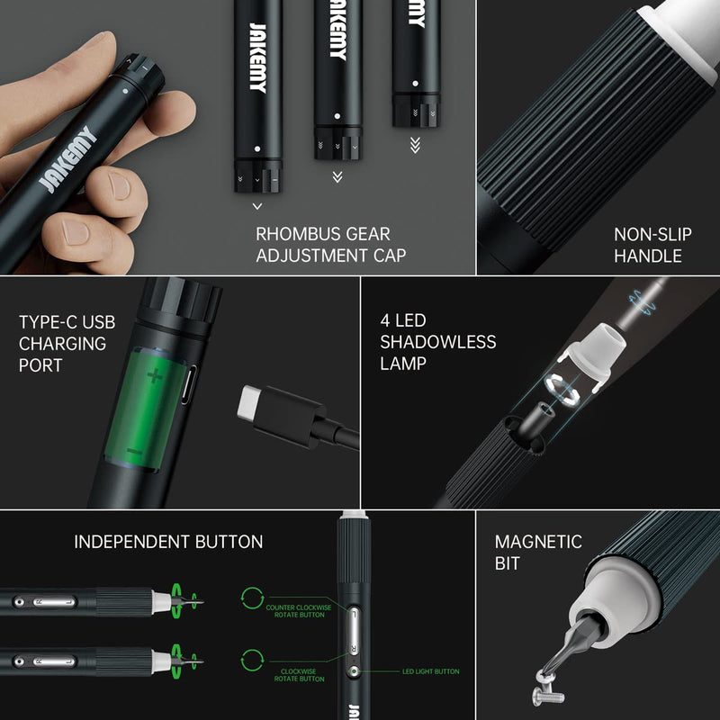 JAKEMY Cordless Electric Screwdriver,Upgraded 3 Gear Adjustable Torque Screwdriver kit Magnetic Precision Power with LED light USB Rechargeable Portable Laptop Repair Tool Kit, (JM-E21B) Jm-e21b