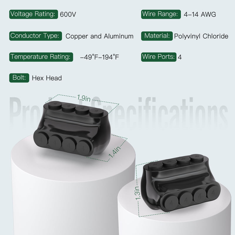 6PCS 4 Port Single-Sided Entry Insulated Multi Tap Connector 4-14 AWG, Electrical Splice Connector, Black Vinyl Coated, Dual-Rated for Copper and Aluminum Wires 6PCS 4port 4-14 AWG