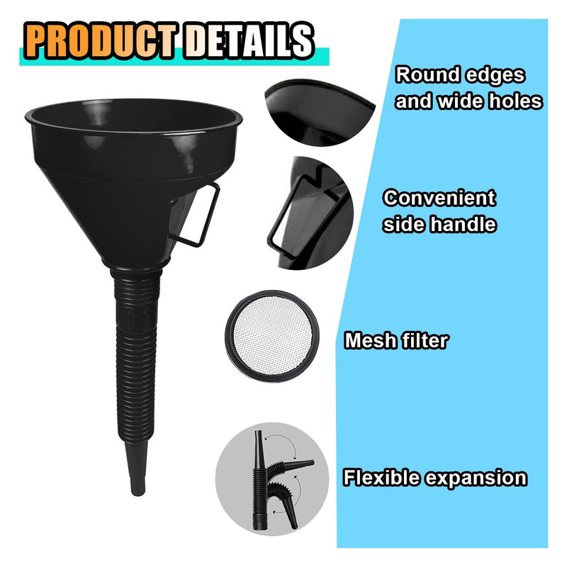 Wide Mouth Oil Funnel with Handle, Automotive Flex Funnel with Flexible Spout Extension Nozzle Hose Mesh Screen Filter for Cars Motorcycles Engine Oil, Liquid, Diesel, Kerosene, Gasoline 1 Black