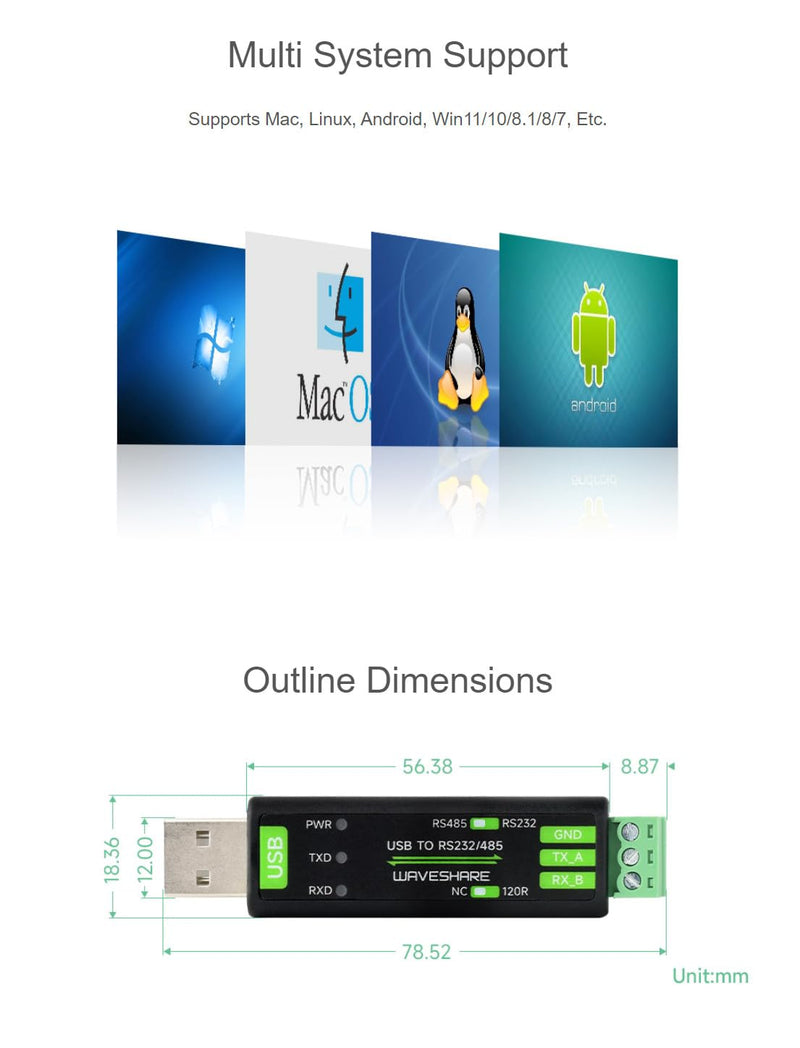 USB to RS232/485 Serial Converter with Original FT232RNL Chip Compatible Mac, Linux, Android, Windows 11/10 / 8.1/8 / 7 Multiple Devices Applicable