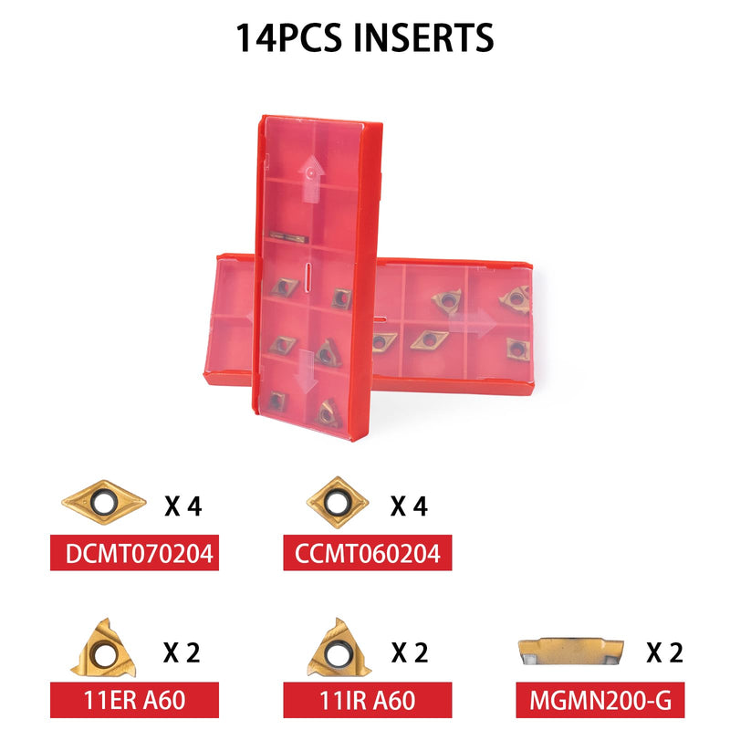 Indexable Lathe Turning Tool 21Pcs Kit,7 Pcs Metal Lathe Tool Holder Set and 14 Pcs Turning Inserts,3/8'' 10mm Shank with Carbide Inserts for Turning Grooving Threading Boring 7pcs 3/8'' 10mm Shanks+14pcs Inserts