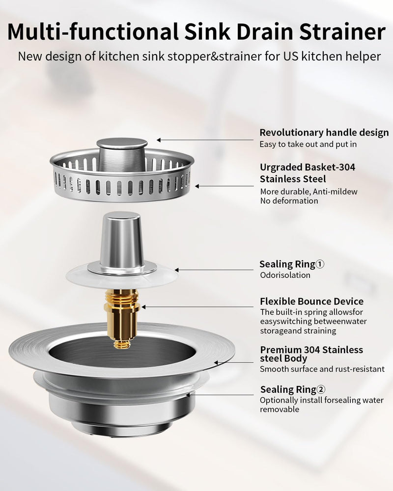 3 in 1 Kitchen Sink Drain Strainer [304 Stainless Steel Pop Up] Anti-Clogging Kitchen Sink Drain Stopper Stainless Steel Drainage Odor Filter Sink Plug for Us Standard 3-1/2 Inch (2 Pack) SUS304 Drain Strainer-2Packs